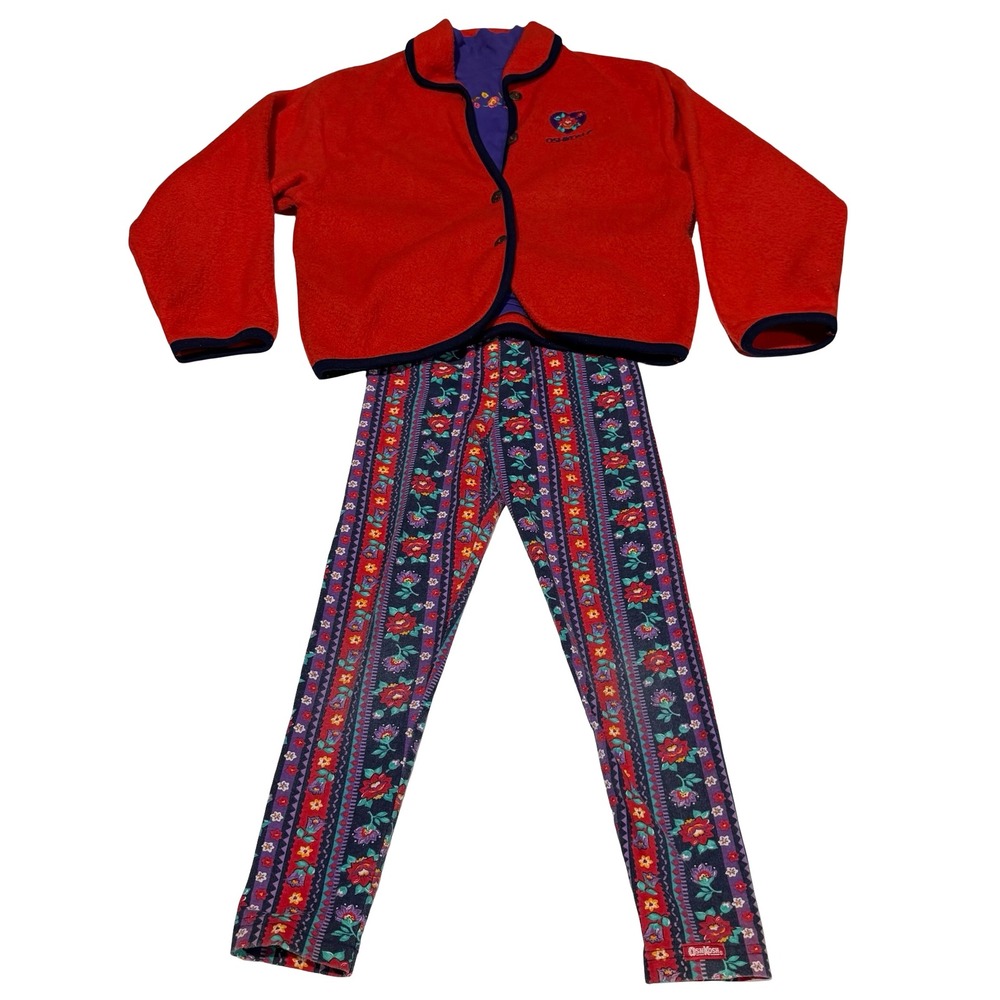 Vintage OshKosh Bgosh Hot Colors 3pc‎ Set Fleece Jacket Shirt Leggings Girls 6X